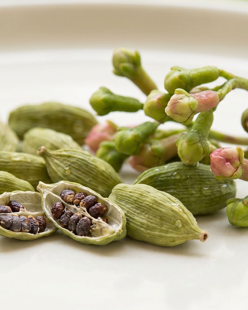 Fresh green cardamom pods beside green and pink clove buds