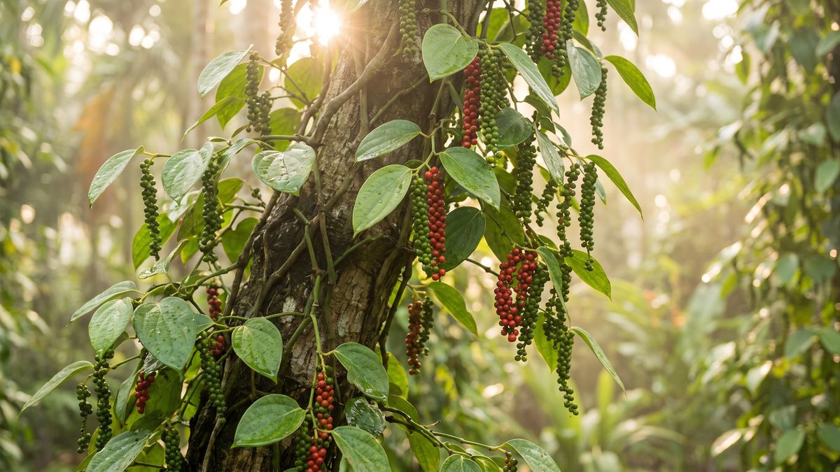 Black pepper vines with clusters of green and ripe red berries in morning light