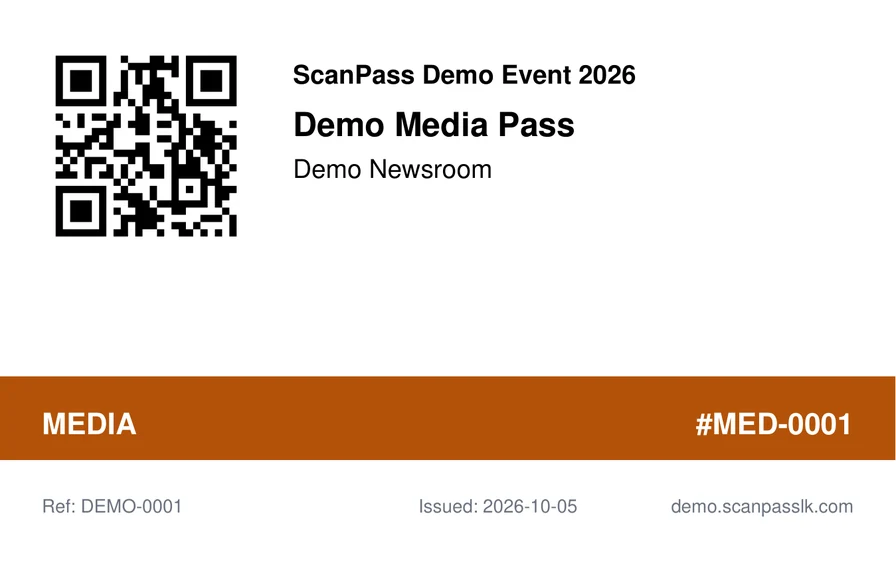 ScanPass badge PDF for Demo Media Pass, with a QR code and an orange Media stripe