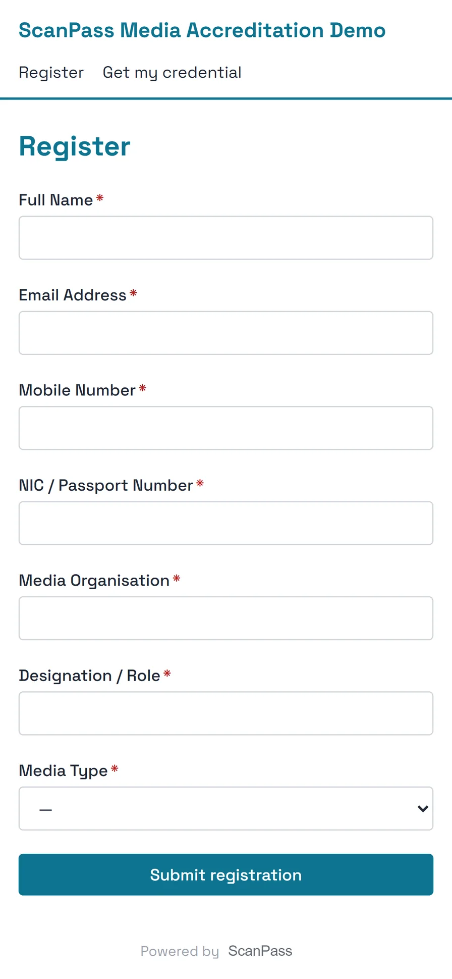 ScanPass registration form for a demo media accreditation event, on a phone