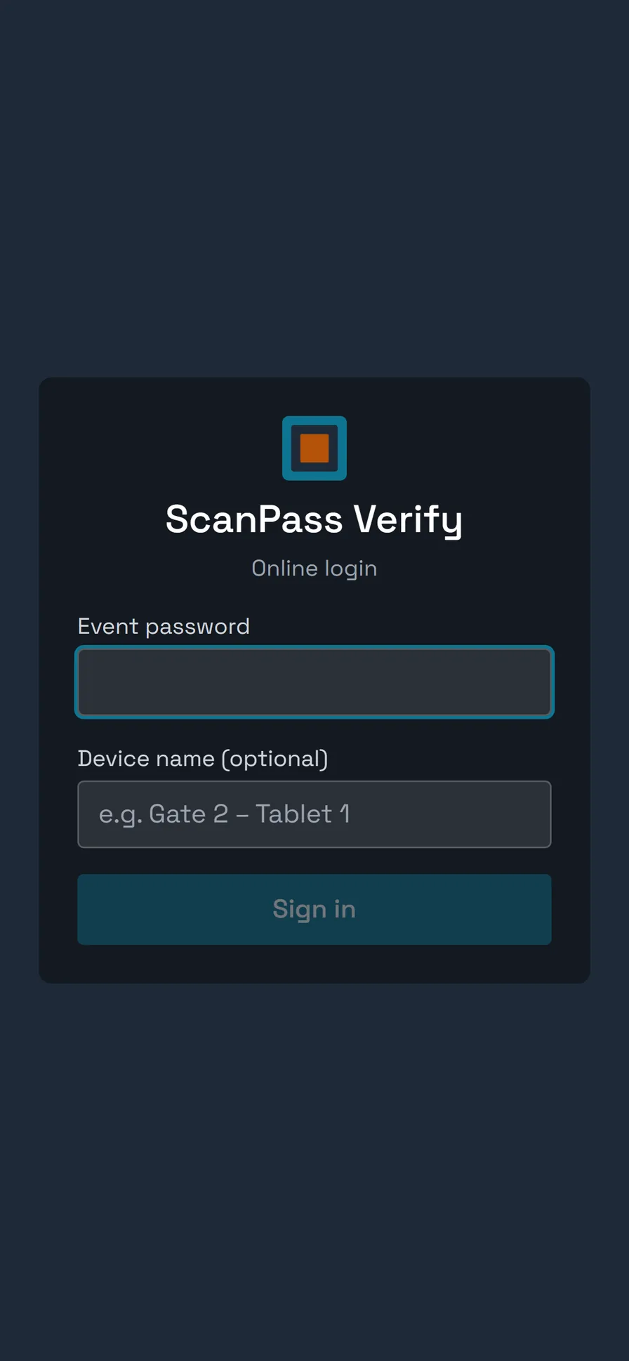 ScanPass Verify sign-in screen where the gate team starts scanning, on a phone